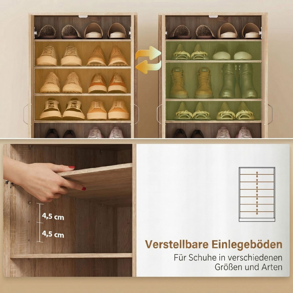 SCHUHSCHRANK DE-38045 55/35/108 cm mit 6 verstellbaren Regalböden Naturholz - Naturfarben, Holzwerkstoff (55/108/35cm) - ComfortXL