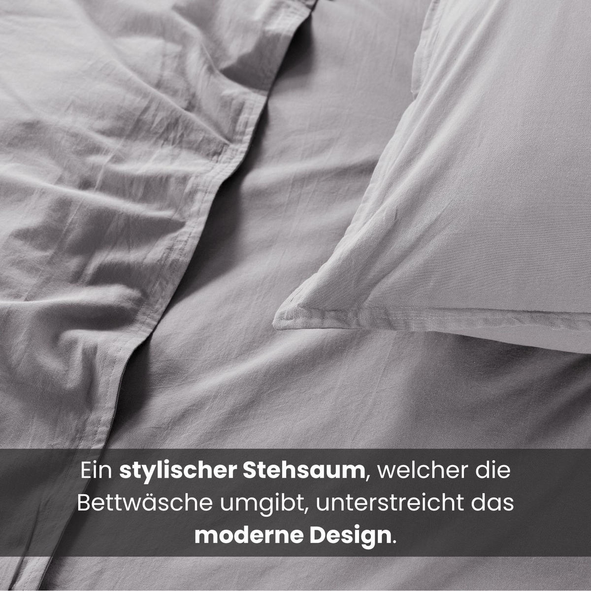 BETTWÄSCHE Stone Washed grau 135/200 cm 100% Baumwolle Used-Effekt mit Stehsaum - Grau, Textil (135/200cm) - wometo