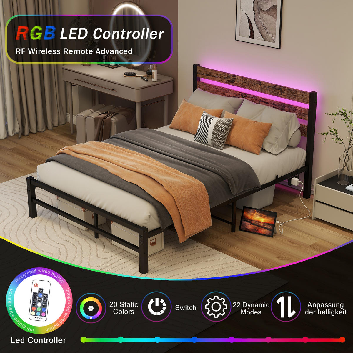 METALLBETT 120x200 cm LED USB Kopfteil - Dunkelbraun, Holzwerkstoff (120/200cm) - LEBENLANG