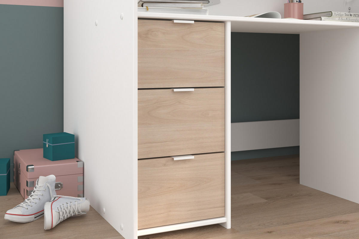 HOCHBETT mit Kleiderschrank und Schreibtisch Bett 90 x 200 cm - Eichefarben/Silberfarben, Holz/Holzwerkstoff (90/200cm) - Parisot Meuble