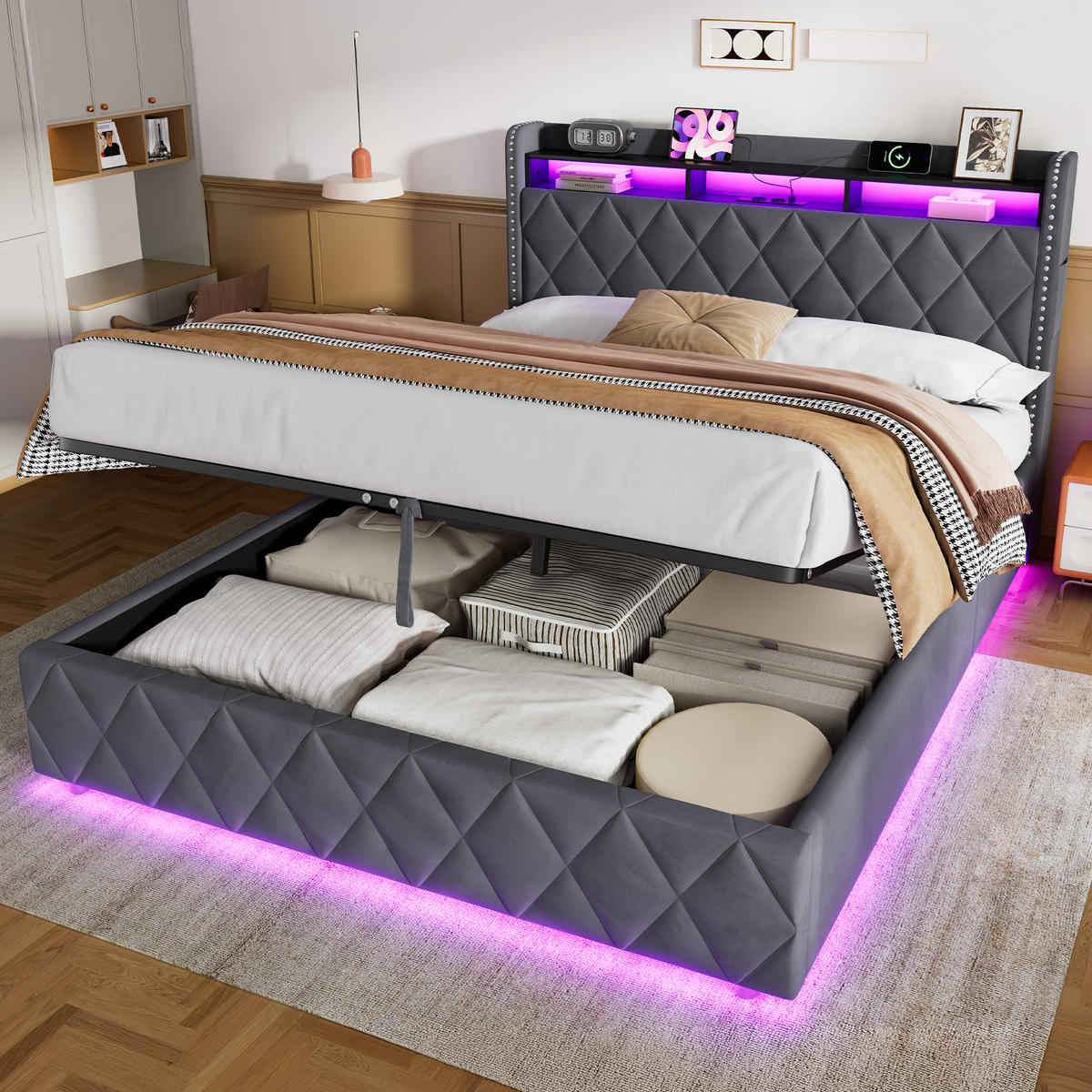 POLSTERBETT 160×200 mit LED-Beleuchtung, Bettkasten und gepolstertem Kopfteil - Grau, Holzwerkstoff/Textil (160/200cm) - EVRYAE