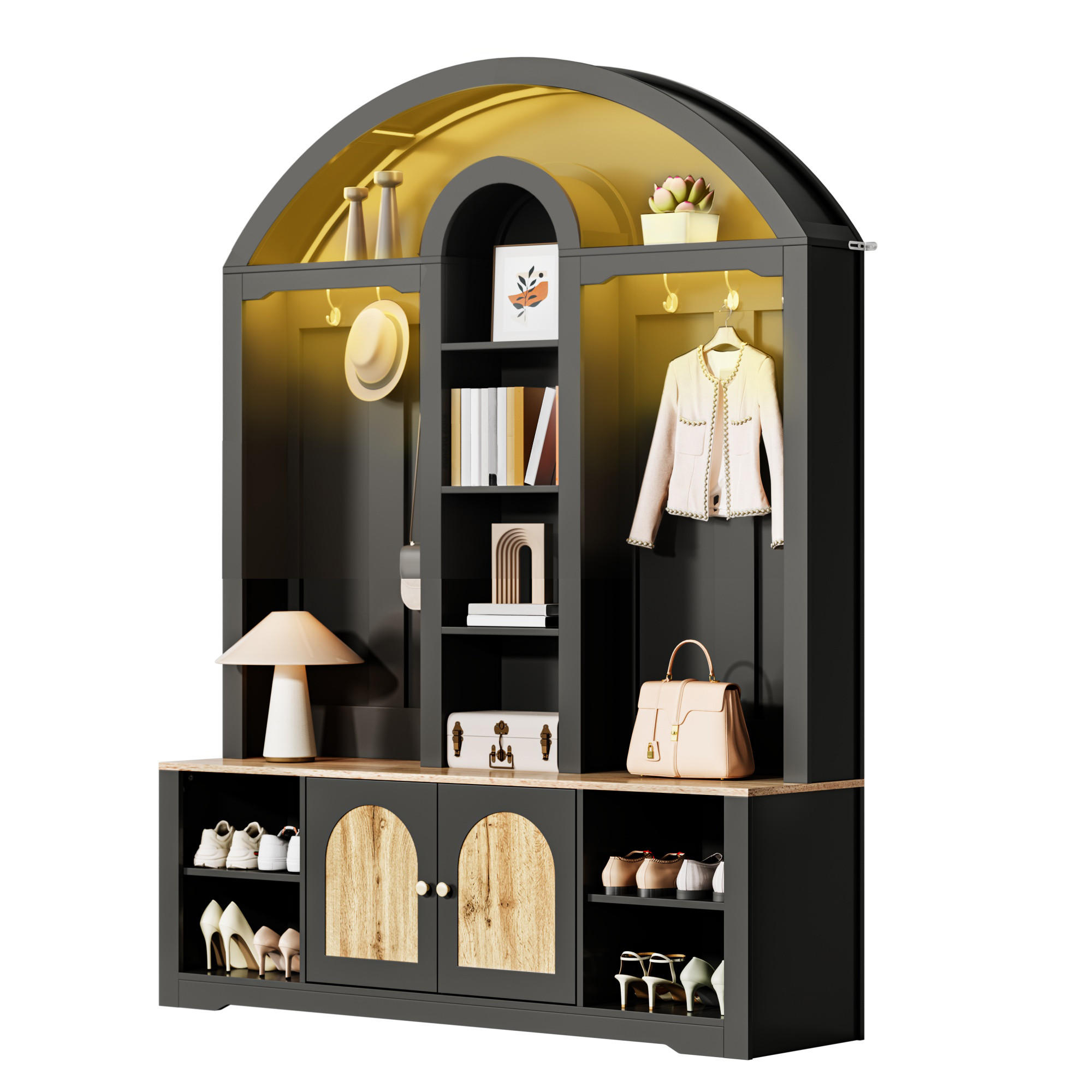 GARDEROBE Flur geschwungenes Design offene Regale LED Hakenleiste multifunktionaler Stauraum - Schwarz, Holzwerkstoff/Metall (150/195/40cm) - EVRYAE
