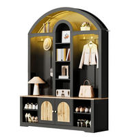 GARDEROBE Flur geschwungenes Design offene Regale LED Hakenleiste multifunktionaler Stauraum - Schwarz, Holzwerkstoff/Metall (150/195/40cm) - EVRYAE
