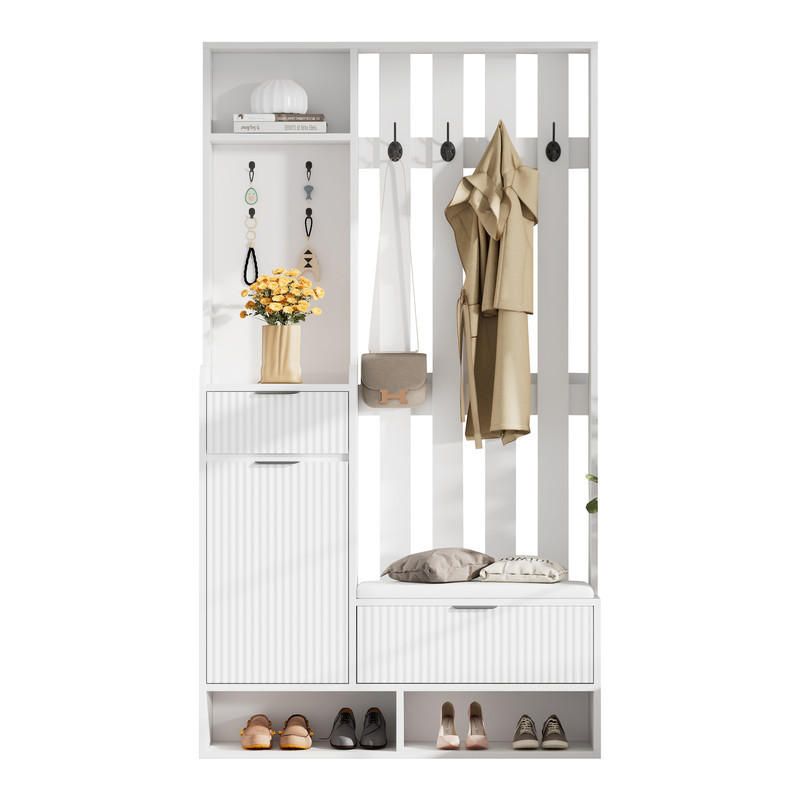 GARDEROBEN-SET mit Schuhbank und 8 Haken 100x30x180 cm - Weiß, Holzwerkstoff (30/180/100cm) - Fuleadture