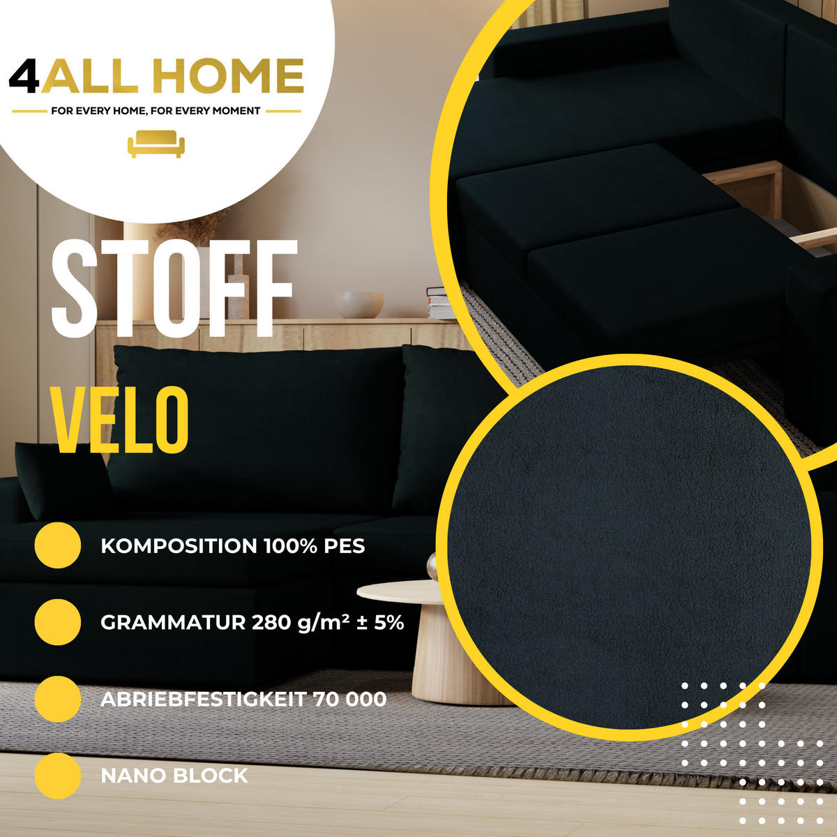 ECKSOFA Paco mit Bettkasten und Schlaffunktion, L-Form/XL-Form, Velourstoff, Universal - Anthrazit, Holzwerkstoff (276/145cm) - 4ALL HOME