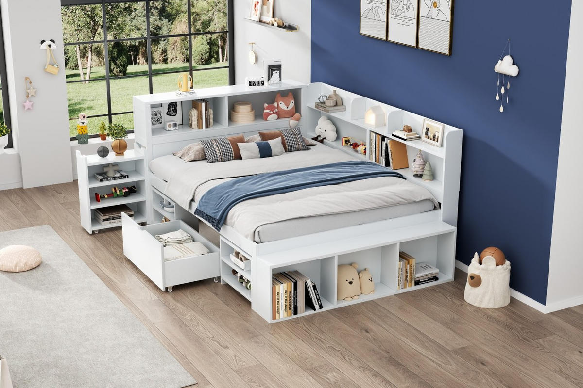 KINDERBETT 140/200 cm Weiß aus Sperrholz mit Stauraum und Lattenrost - Weiß, Holz (140/200cm) - OKMYHOME