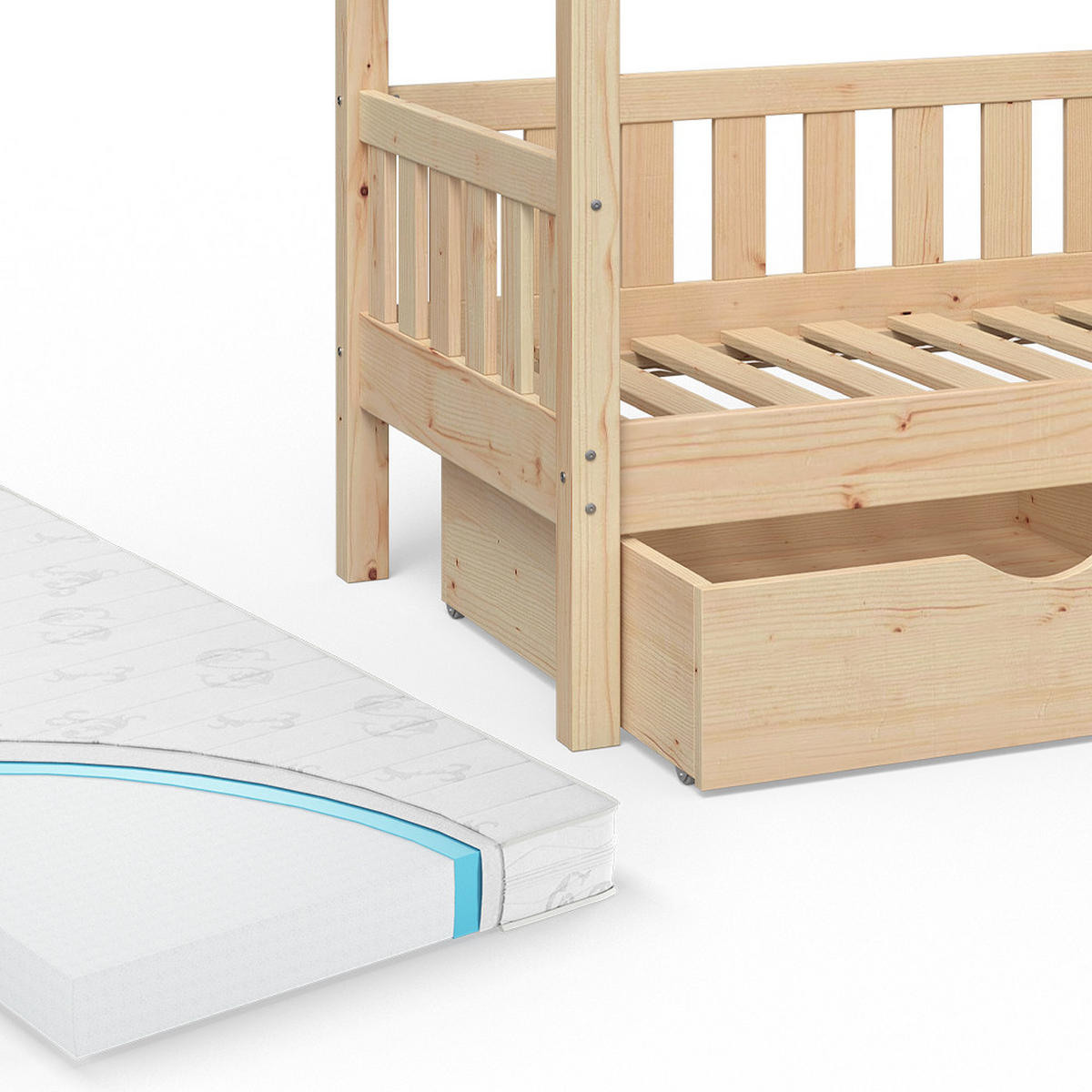 HAUSBETT Design Naturholz 80x160 cm mit 2 Schubladen und Matratze - Braun, Holz (80/160cm) - VitaliSpa