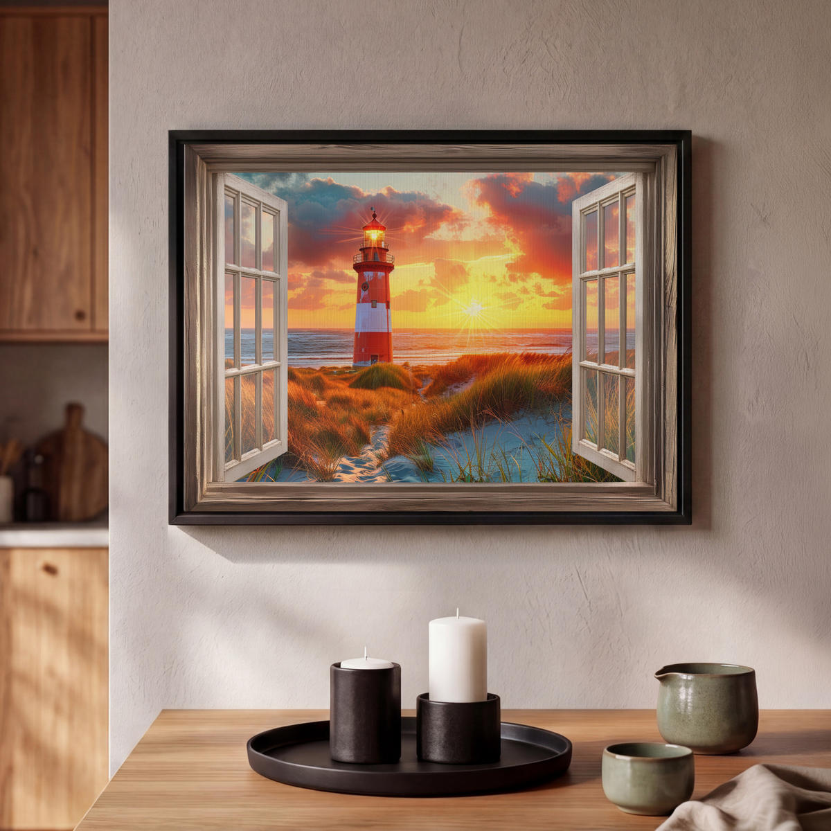 LEINWAND Bilder mit Rahmen - Aussicht - Fenster - Leuchtturm - Sonnenuntergang - Strand - 40x30 - Dunkelorange, Textil (40/30cm) - MuchoWow