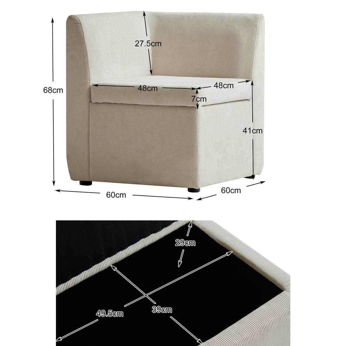 SOFA Samt Beige - Beige, Textil (60/68/60cm) - Nordlys