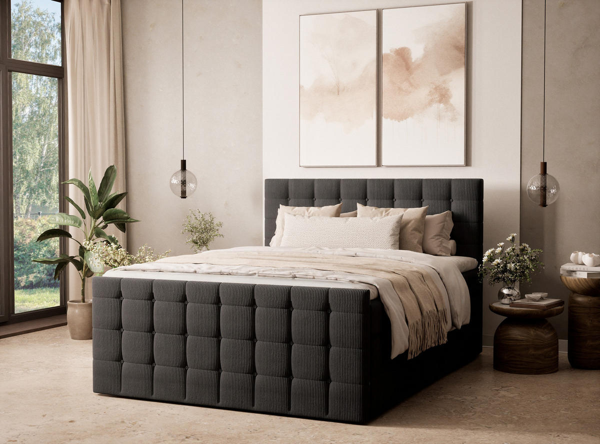 BOXSPRINGBETT Tasca 140/200 cm, in Graphit, Bettkasten, Matratze, Topper - Schwarz/Graphitfarben, Holz/Holzwerkstoff (140/200cm) - Maison de Reve