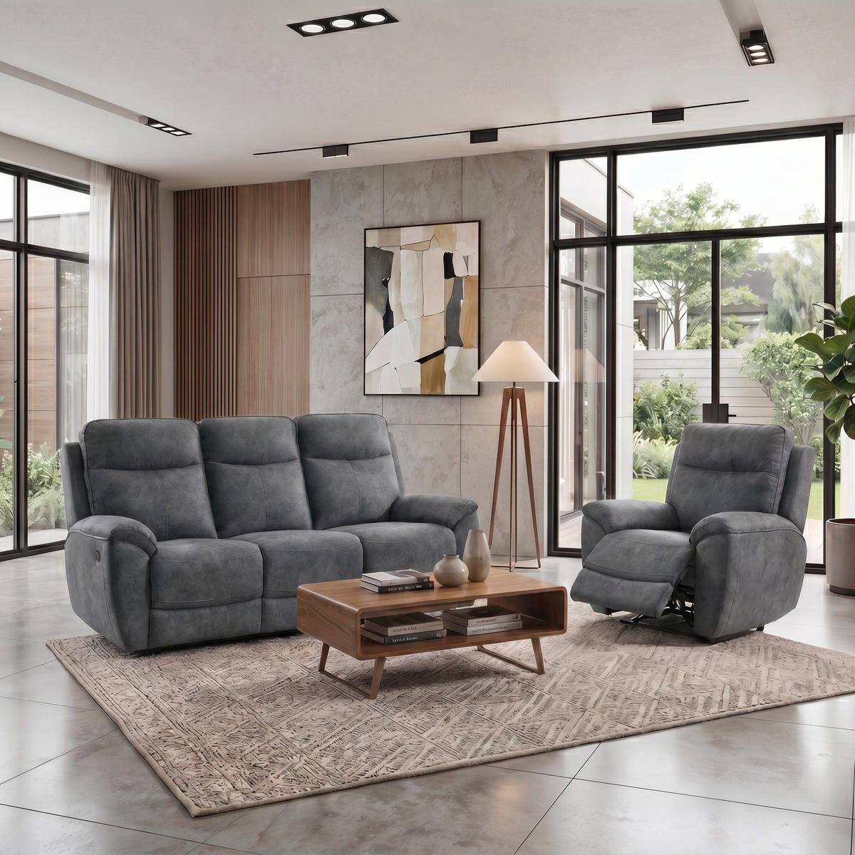 SITZGARNITUR Dolce, Sofa+Sessel mit Relaxfunktion, Dunkelgrau, Velours - Dunkelgrau, Textil (215/106/100cm) - Beautysofa