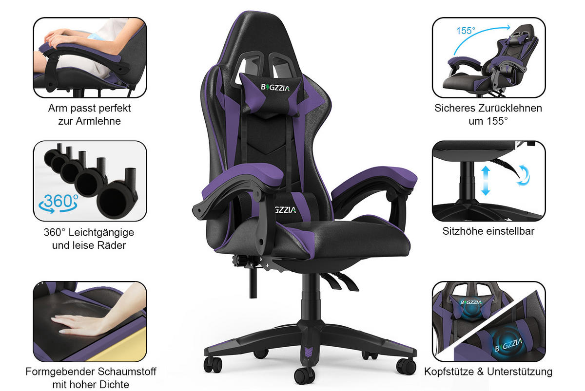 GAMING-STUHL ergonomisch, verstellbare Rückenlehne, Kissen – Schwarz/Lila - Lila, Leder (59/120/56cm) - Rattantree