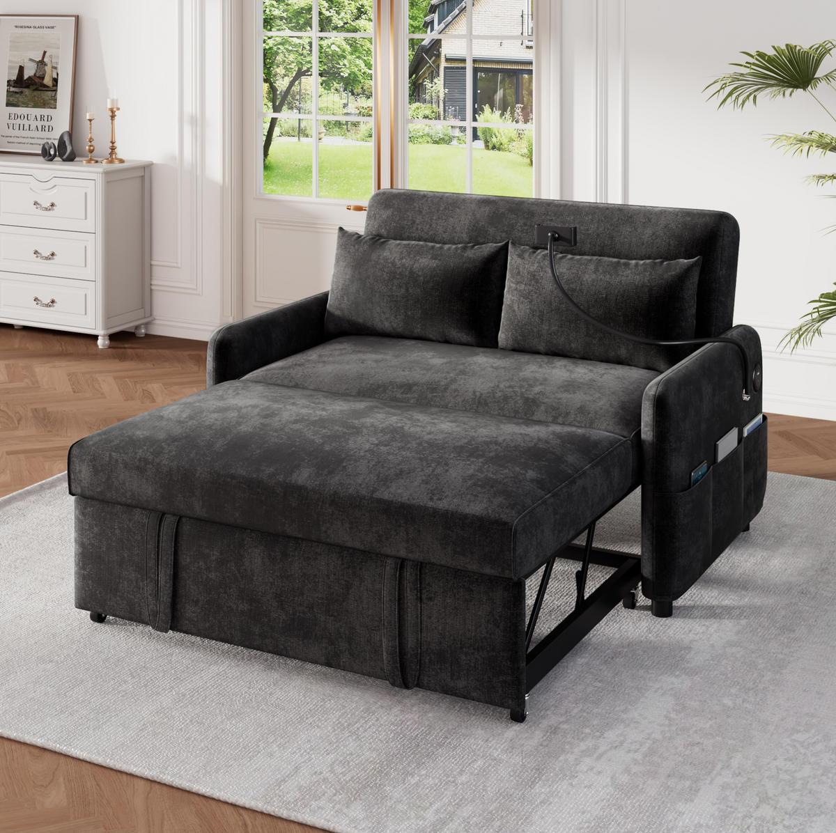 SCHLAFSOFA, Chenille mit USB-Anschluss & 3-fach verstellbarer Rückenlehne, 129/163/81 cm, Grau - Grau, Textil (129/81/163cm) - Redom