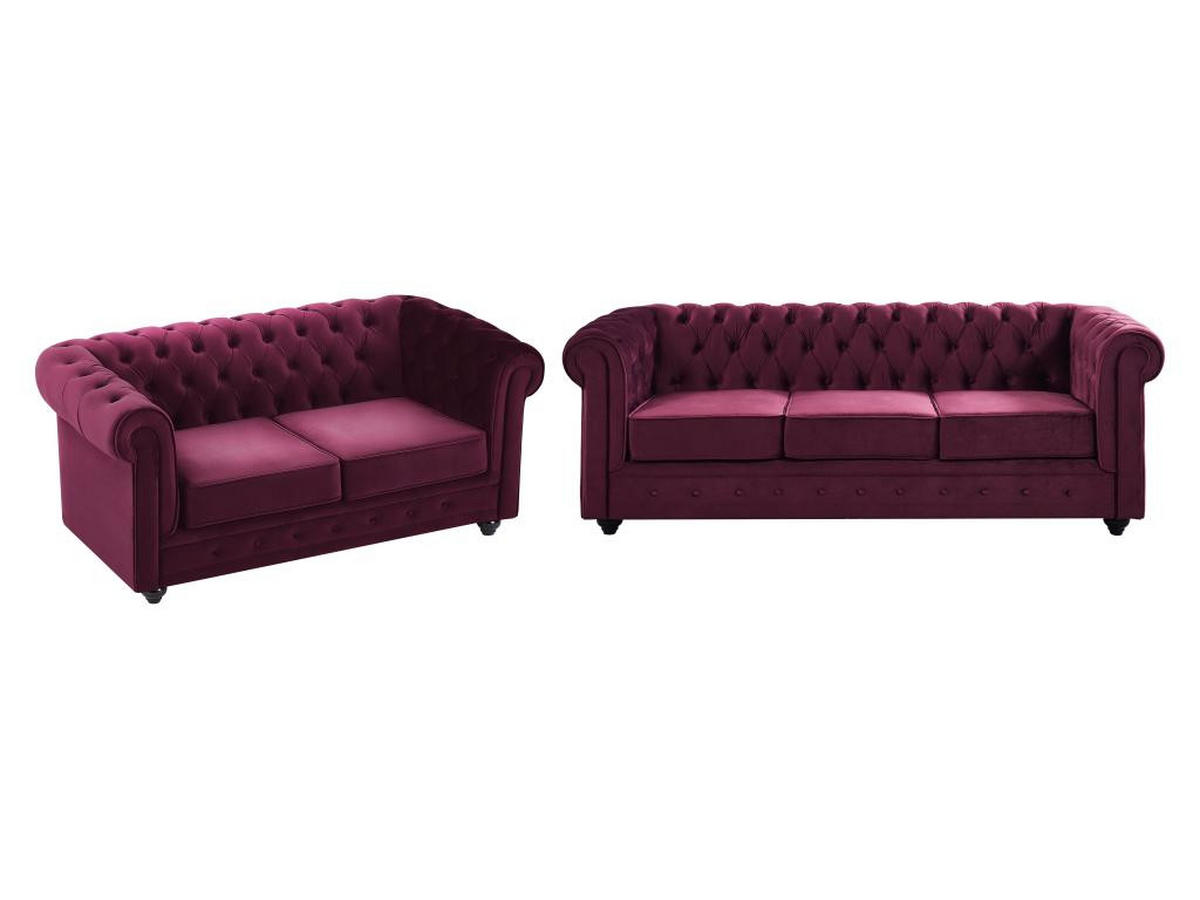 SOFAS 3-Sitzer & 2-Sitzer - Samt - Purpur - CHESTERFIELD - Bordeaux, Textil (88/72/205cm) - Vente-Unique