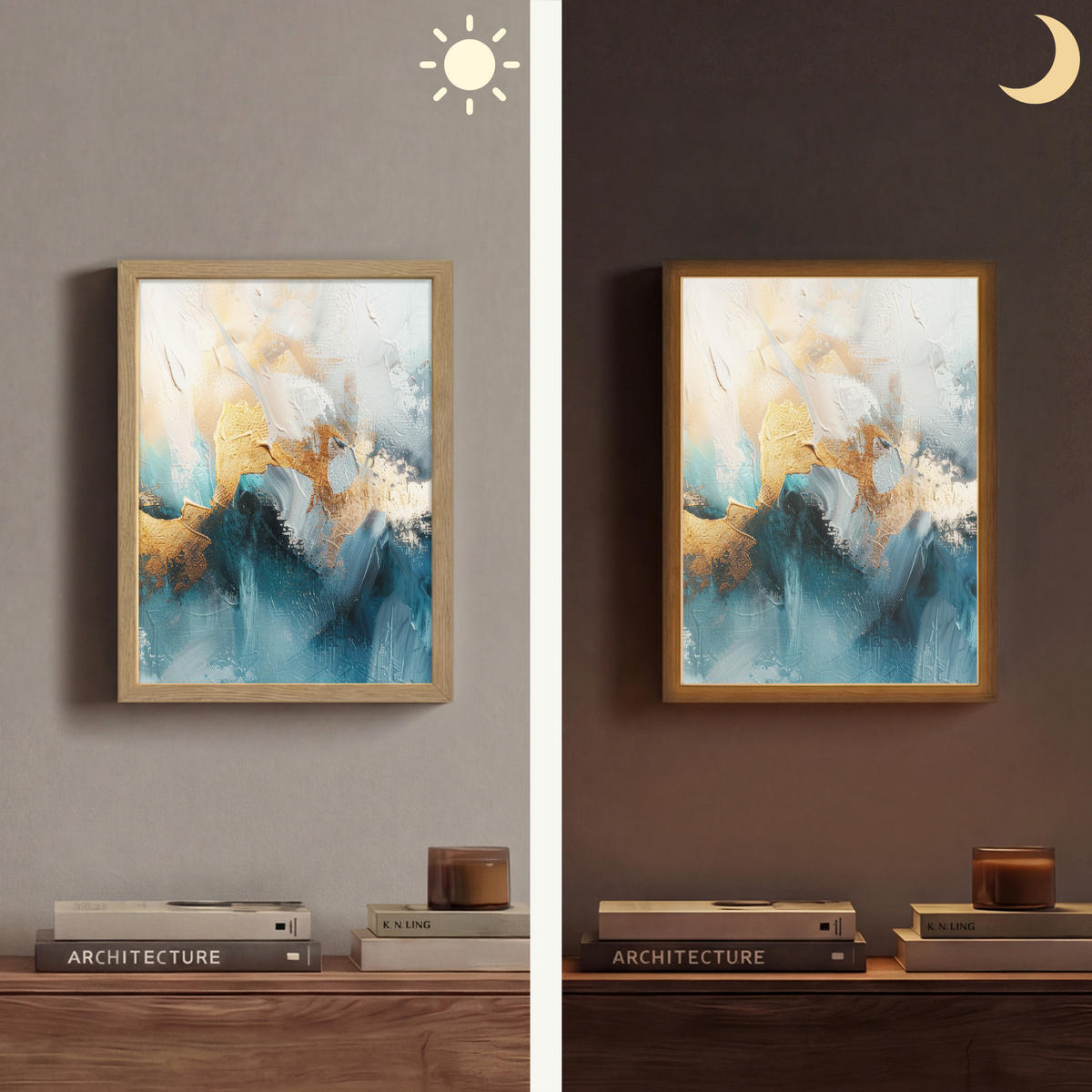 NÁSTĚNNÁ LAMPA S AKUMULÁTOREM Abstraktní - umění - zlatá - modrá 30x40 cm - tyrkysová, kompozitní dřevo (30/40/8cm) - OnlyWow