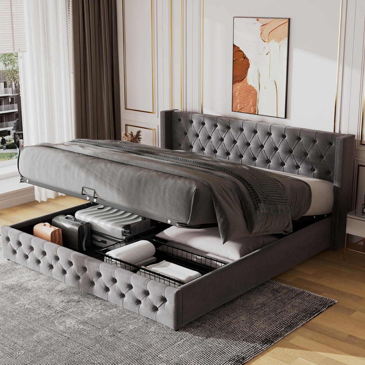 POLSTERBETT 180/200 cm grau mit hydraulischem Bettkasten und hohem Kopfteil - Grau, Textil (180/200cm) - OKWISH