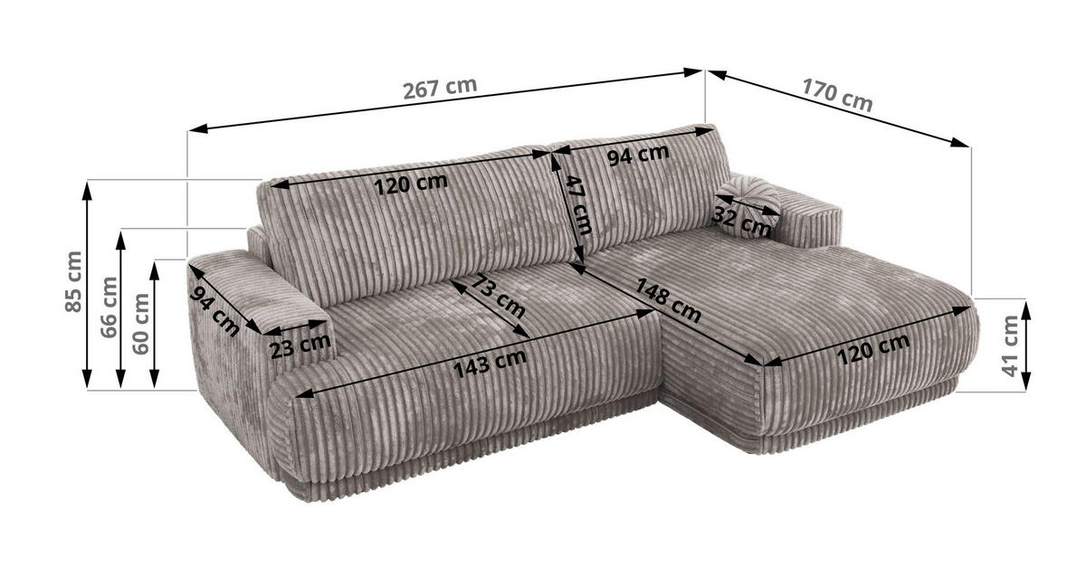 ECKSCHLAFSOFA RINA L Hellgrau Cord - rechts - Hellgrau/Schwarz, Kunststoff/Textil (170/267cm) - MKS