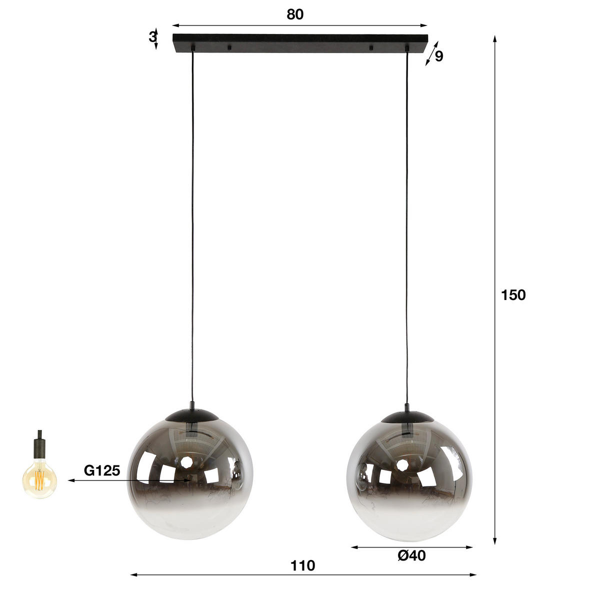 HÄNGELEUCHTE Bubble Schwarz 40/110/ 150 cm - Schwarz, Glas (40/110/150cm) - Hoyz Collection