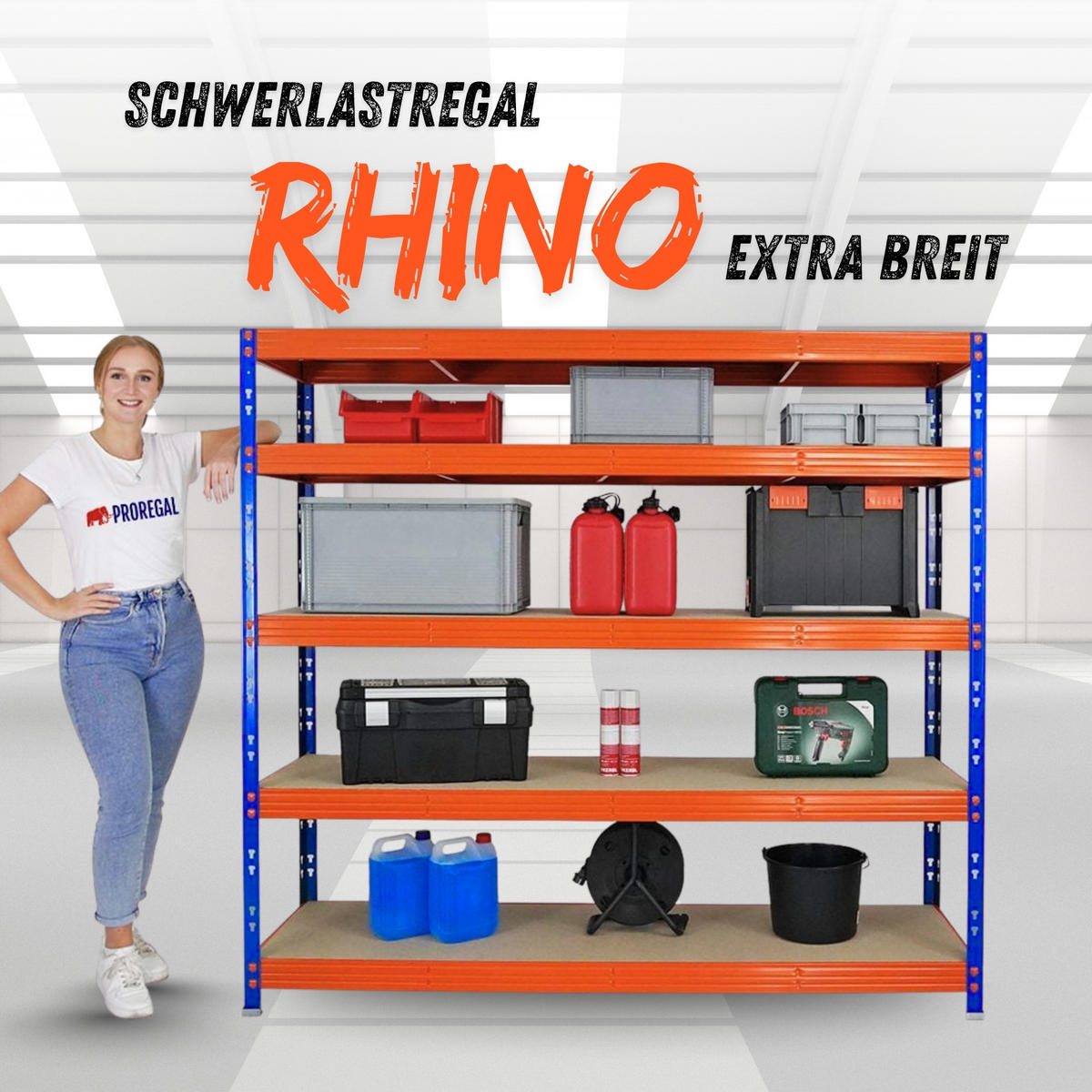 SCHWERLASTREGAL Rhino 180x200x60 cm 5 Spanplatten-Ebenen 8mm Fachlast 500 kg Blau/Orange - Blau/Orange, Metall (200/180/60cm) - PROREGAL
