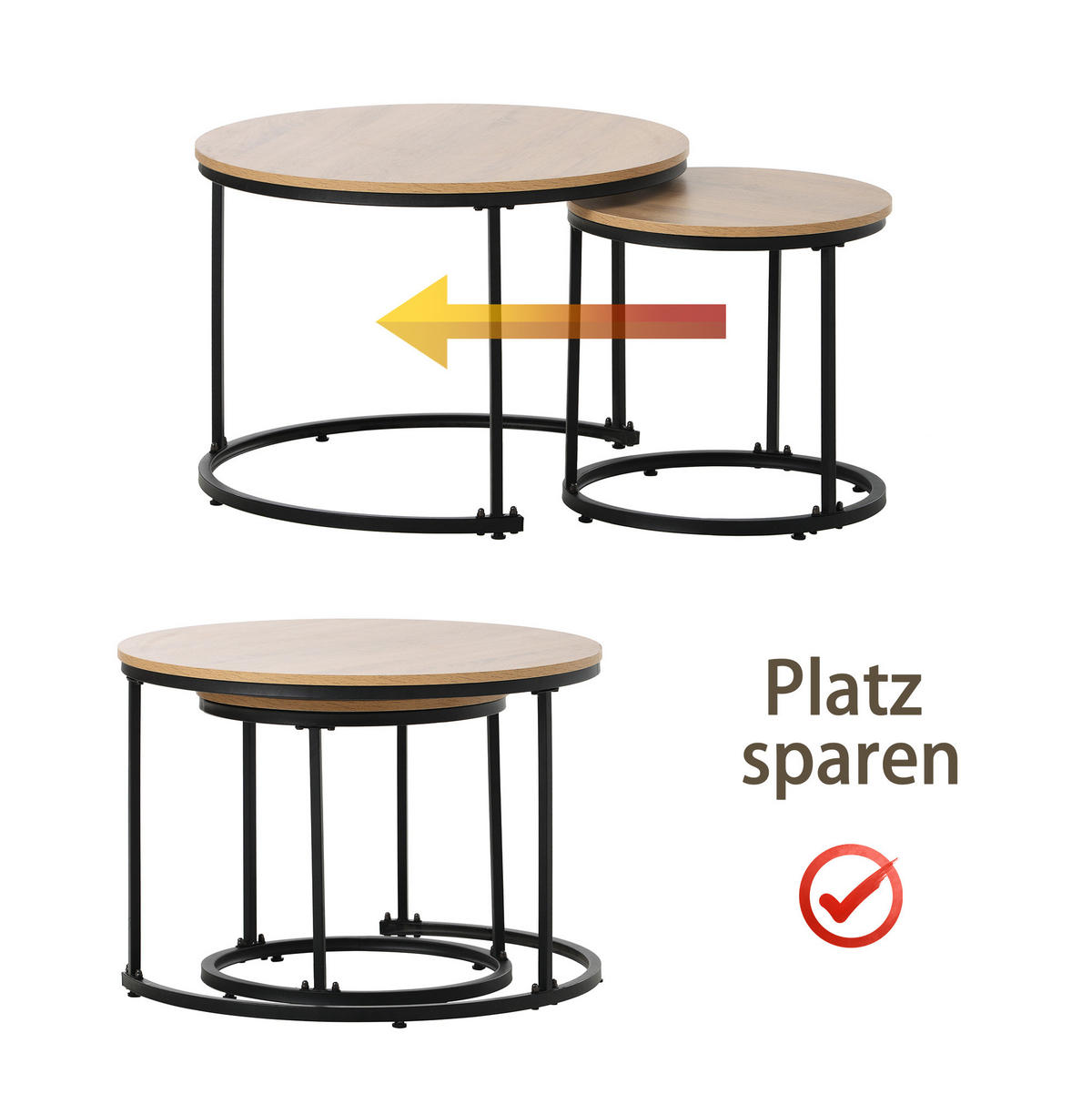KONFERENČNÍ stolky, sada 2 ks, MDF v dekoru dubu/hnědá, kulaté,70.5/70.5/50 cm - přírodní, kompozitní dřevo (70.5/70.5/50cm) - BEAOK