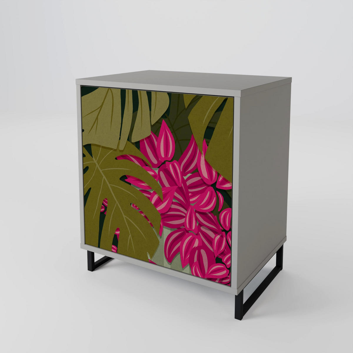 SIDEBOARD TROPICAL BEAUTY, Grau, 57,5x42x70,5 cm, Schwarze Metall-Sternfüße - Multicolor/Schwarz, Holzwerkstoff/Metall (57.5/70.5/42cm) - SpaceRebels