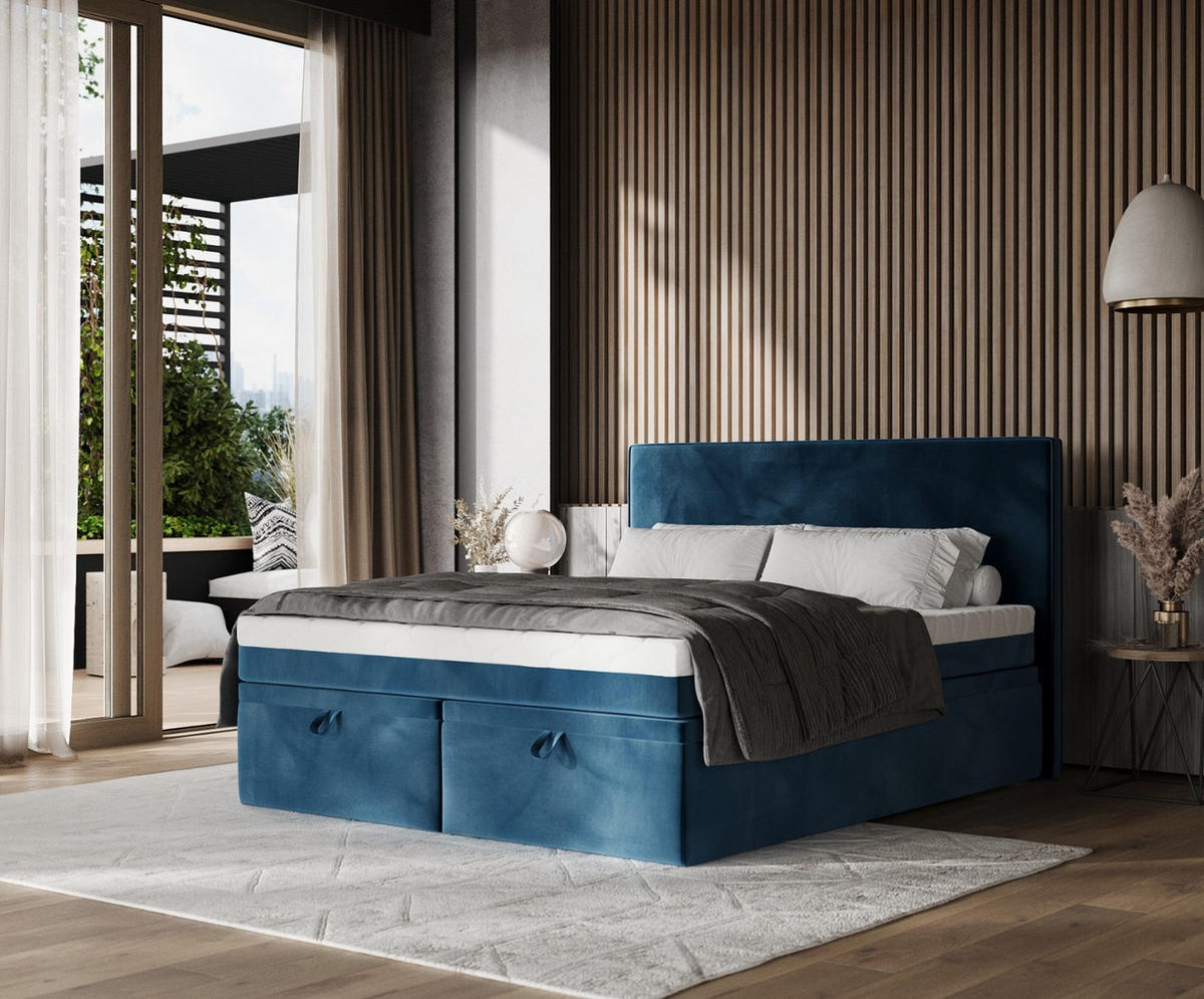 BOXBETT Zalla 140/200 cm Dunkelblau im Kronos Stoff - Schwarz/Dunkelblau, Holz/Holzwerkstoff (140/200cm) - AltaBeds
