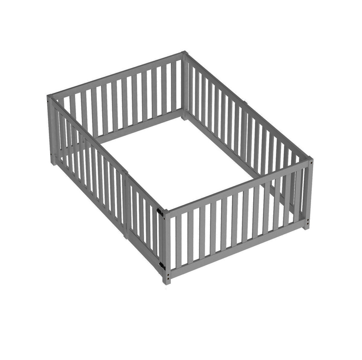 BETT aus Kiefernholz 140x200 cm Grau mit Zaun und Tür im Bodenbett-Design - Grau, Holzwerkstoff (140/200cm) - Modfu