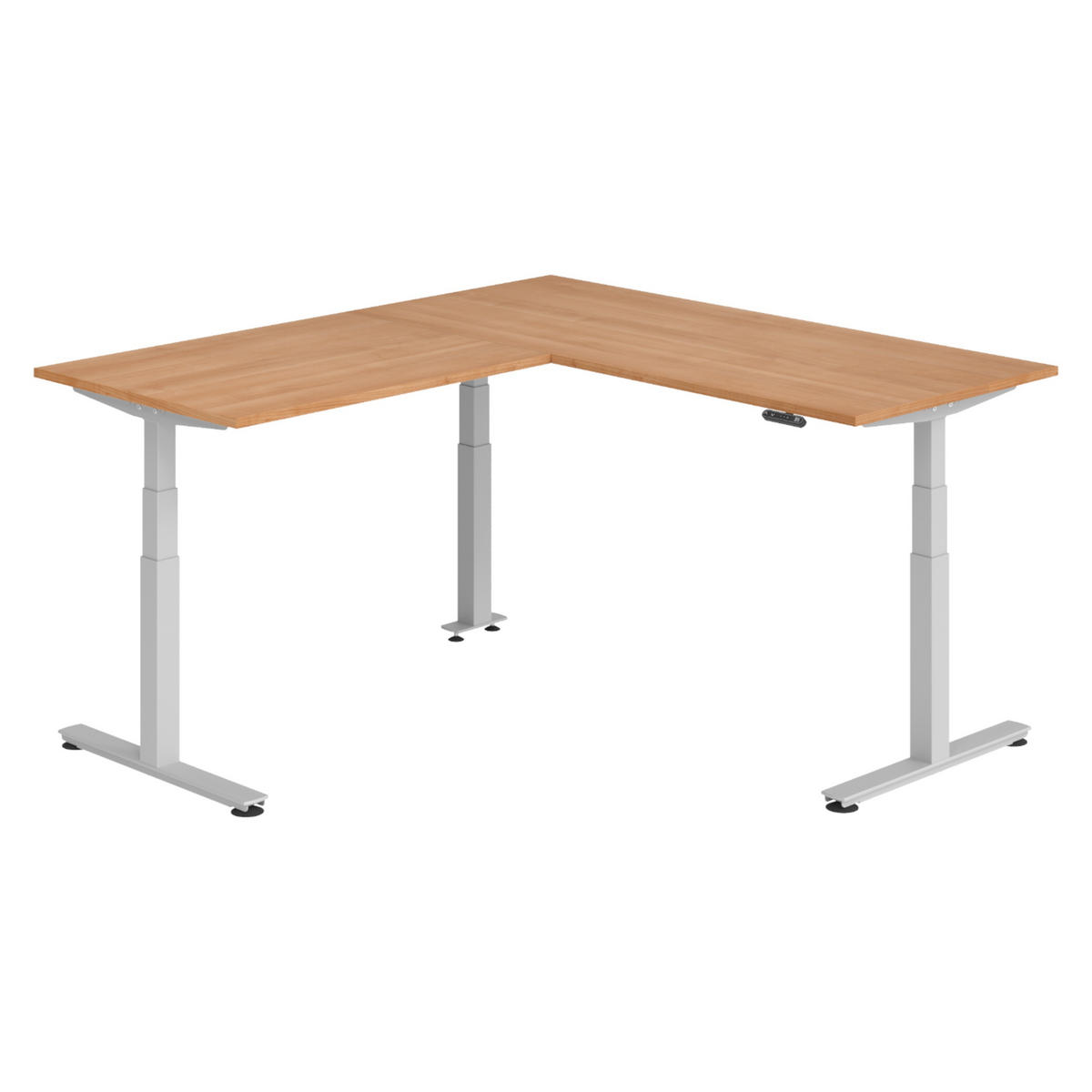 ECKSCHREIBTISCH elektrisch höhenverstellbar L-Form 200/180/74 cm in Nussbaumfarben/Silberfarben - Silberfarben/Nussbaumfarben, Holzwerkstoff (200/180/74cm) - bümö