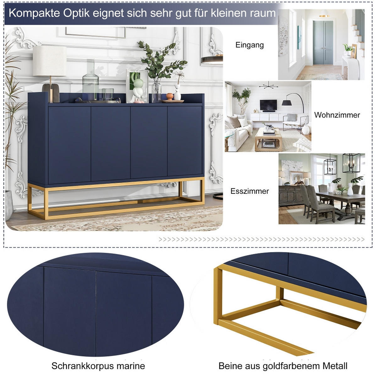 SIDEBOARD MARINEBLAU, 4-TÜRIGER BUFFETSCHRANK, GRIFFLOSES DESIGN, MDF/SPANPLATTE, FÜR ESSZIMMER UND WOHNZIMMER, 120/30/80 cm - Blau, Holzwerkstoff (30/80/120cm) - Rolipo