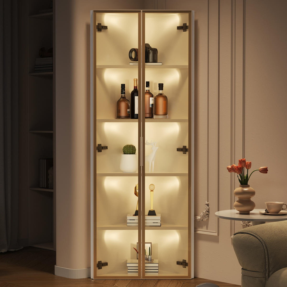 HIGHBOARD 62/35/160 cm in Weiß mit LED-Beleuchtung und Sicherheitsglas - Weiß, Holzwerkstoff (62/160/35cm) - Flora Grace