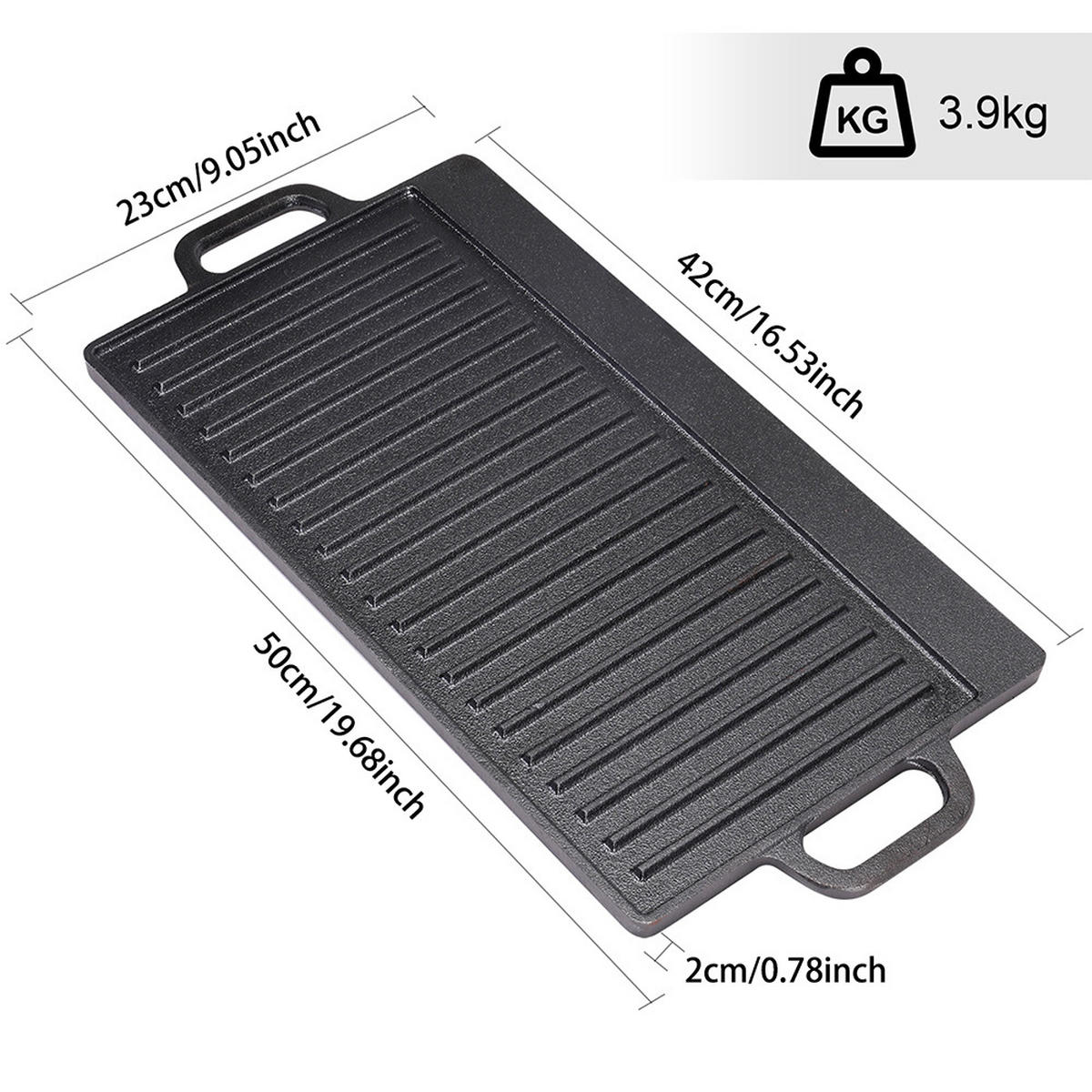 GRILLPFANNE aus Gusseisen mit Antihaftbeschichtung in Schwarz Wendbar einfache Reinigung komfortables Kochen 50 cm x 23 x 2 cm 3,62 kg - Schwarz, Metall (23/50/2cm) - Livingandhome