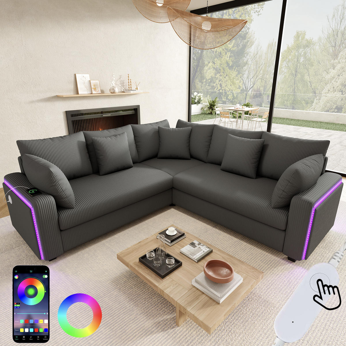 ECKSOFA 198/198/83 cm Grau mit LED‑Ambientebeleuchtung und USB‑Ladeanschluss - Grau, Holz/Textil (198/198cm) - Oxeza