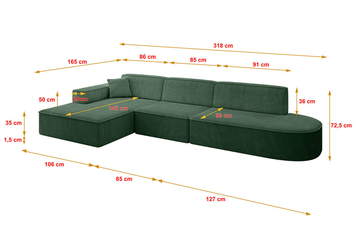 ECKSOFA Ottomane Links IREA-L2-v4 - 318x165x72,5 cm Grün - Grün, Holzwerkstoff/Textil (318/165cm) - ALTDECOR