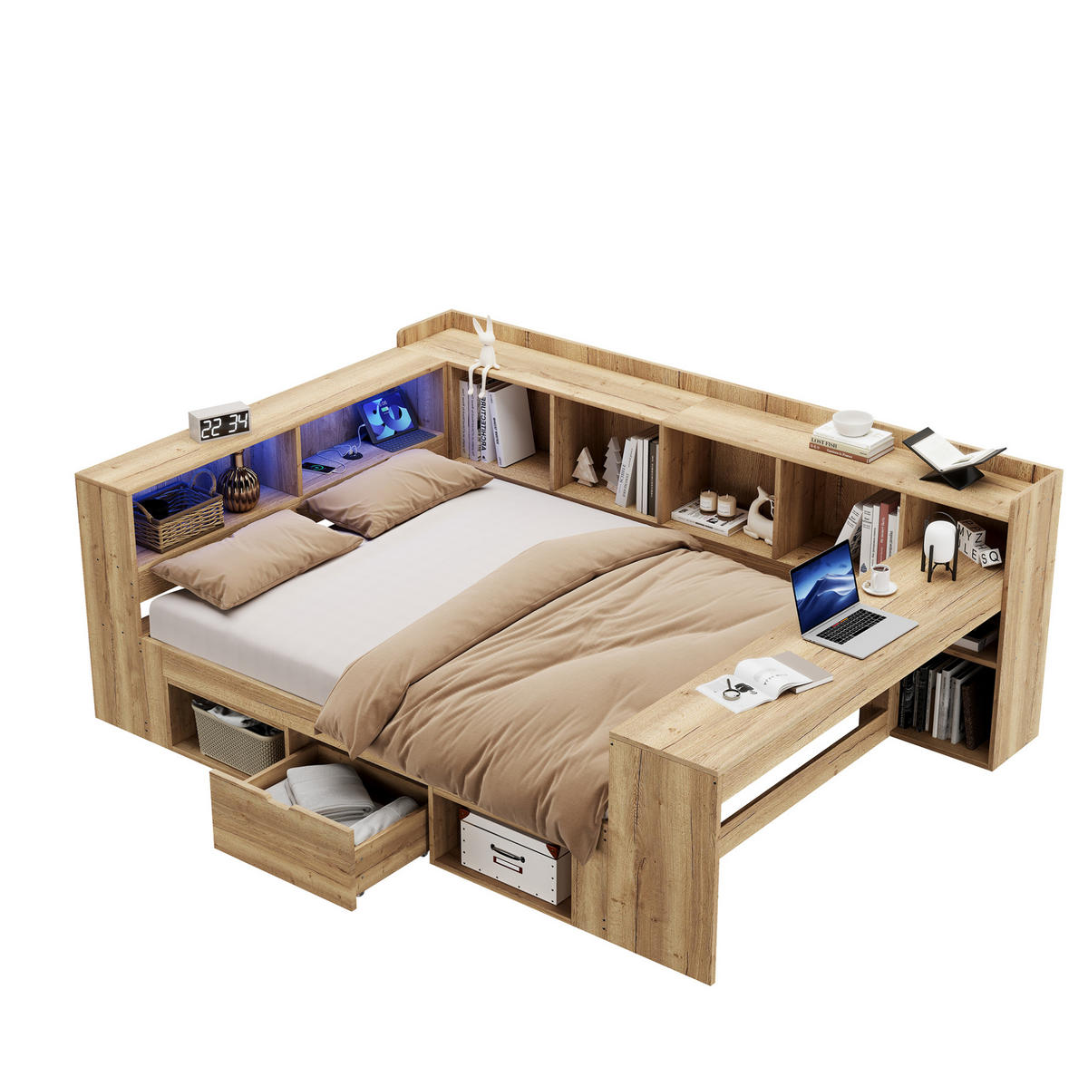 KINDERBETT Liegefläche 140/200 cm aus MDF mit LED, USB-Anschluss und Schreibtisch - Naturfarben, Holzwerkstoff (140/200cm) - BEAOK