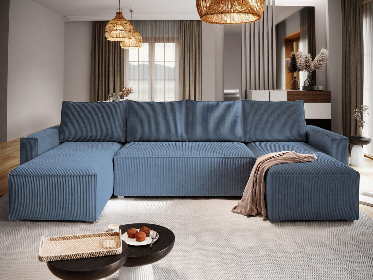 WOHNLANDSCHAFT ASPRA Blau Kordstoff mit Schlaffunktion - Blau, Holz (295/85/140cm) - MASSENO