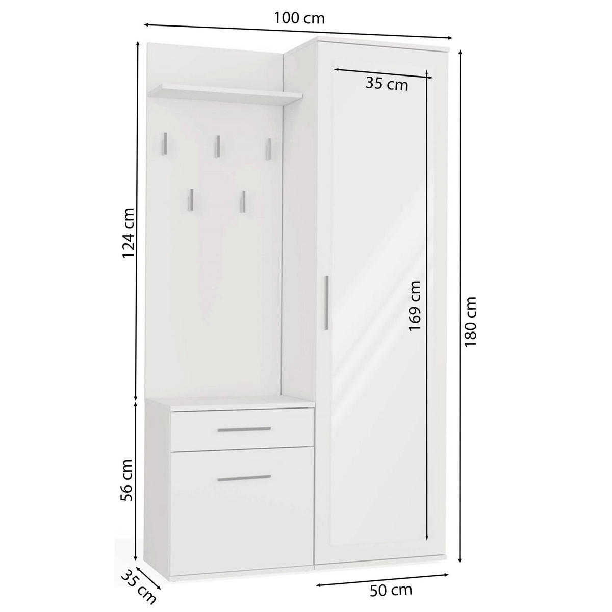 FLURMÖBEL-SET Duvio Weiß - Silberfarben/Weiß, Holzwerkstoff/Kunststoff (100/35/180cm) - Selsey