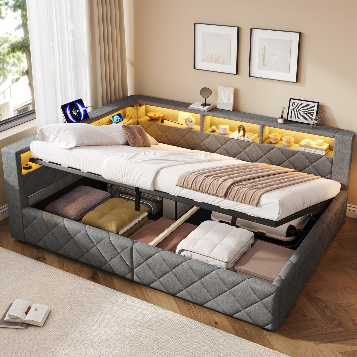 SCHLAFSOFA 140 x 200 cm, Grau, Leinen, LED, USB - Grau, Naturmaterialen (140/200cm) - FLIEKS