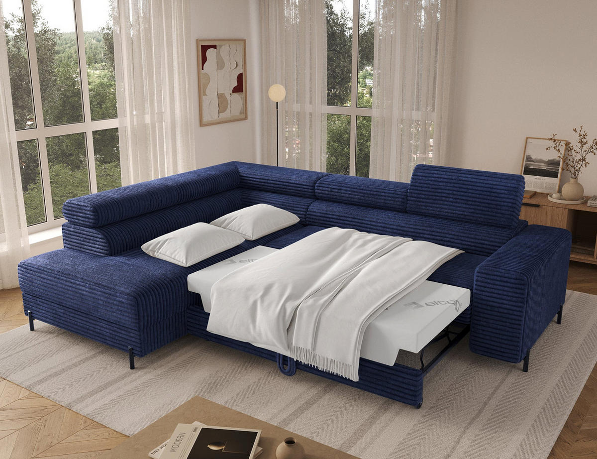 ECKSOFA COLESIO L-Form, Schlaffunktion, Bettkasten, verstellbare Kopfstützen, Wellenfederung, Metallfüße, breiter Cordstoff - Schwarz/Dunkelblau, Kunststoff/Metall (269/204cm) - Wohnideebilder