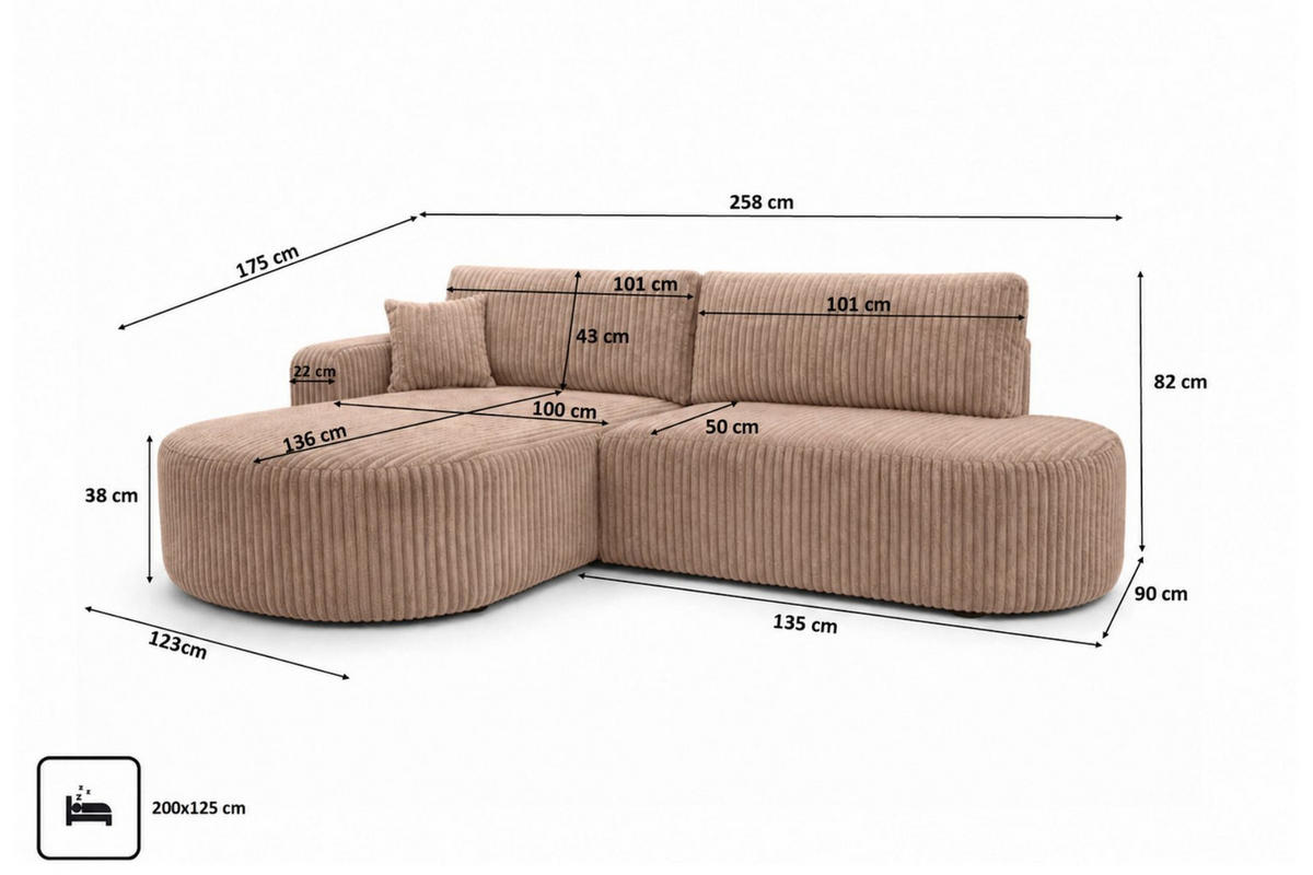 ECKSOFA Mit Schlaffunktion Und Bettkasten, Cordstoff Tilia, Braun, Links, ROUND ONE OPEN XL - Braun, Holz (258/175cm) - Kaiser Möbel