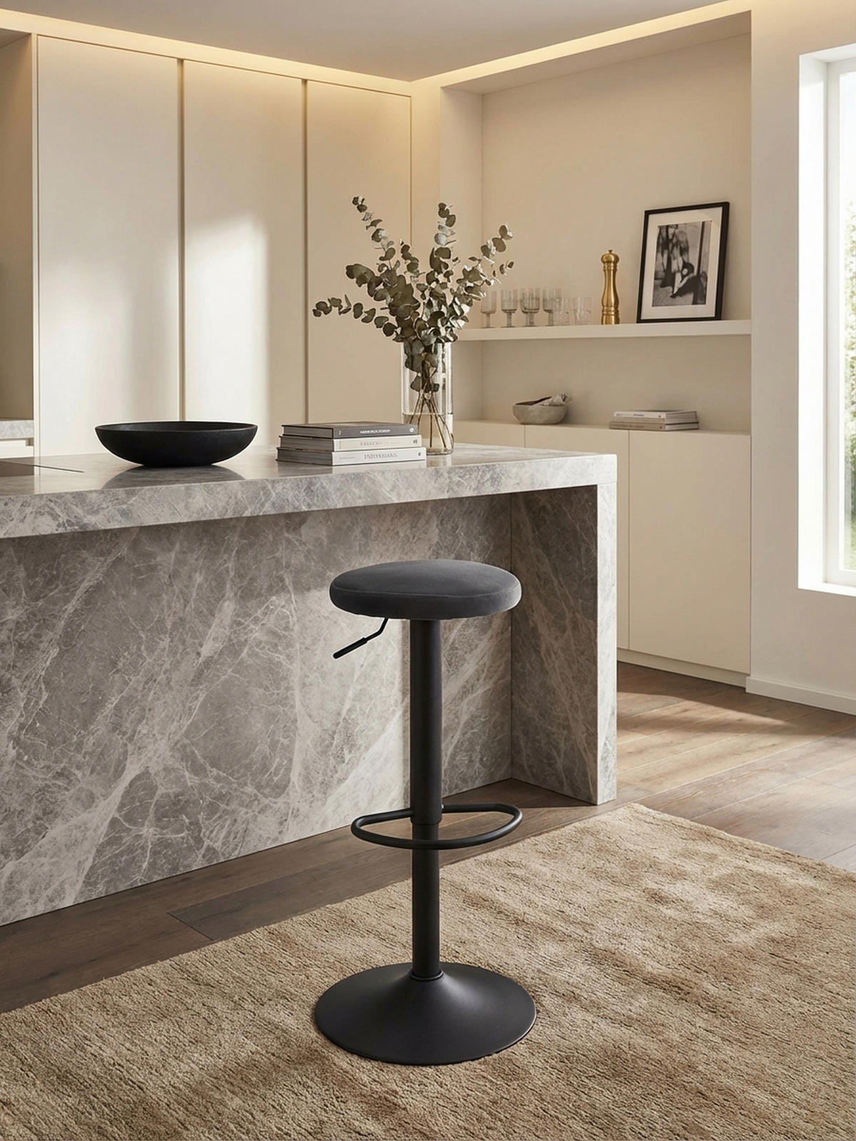 BARHOCKER Höhenverstellbar Eisen Samt Drehbar CAMPANIA, Grau 40x40x79 cm - Schwarz/Grau, Textil/Metall (40/79/40cm) - KADIMA DESIGN