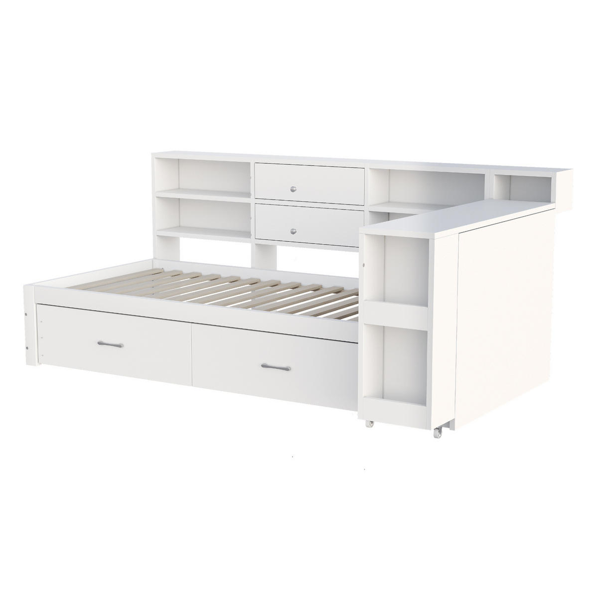 KREVET 90/200 cm s izvlačnim radnim stolom, skrivenim spremištem, 2 USB priključka i utičnicom, Bijela - bijela, drvni materijal (90/200cm) - Redom