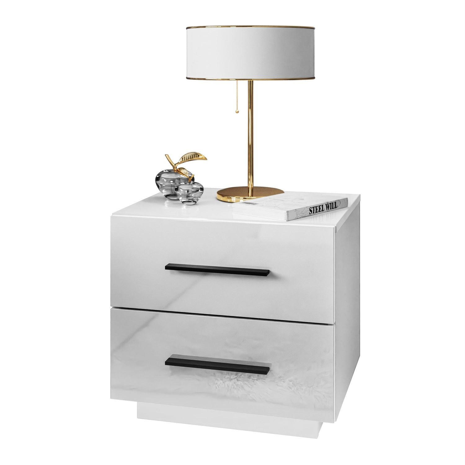 NACHTTISCH LINA LUX mit Griffen und Hochglanzplatte, LED – Griffe: Schwarz - Weiß, Holzwerkstoff (45/48/38.5cm) - Lookway