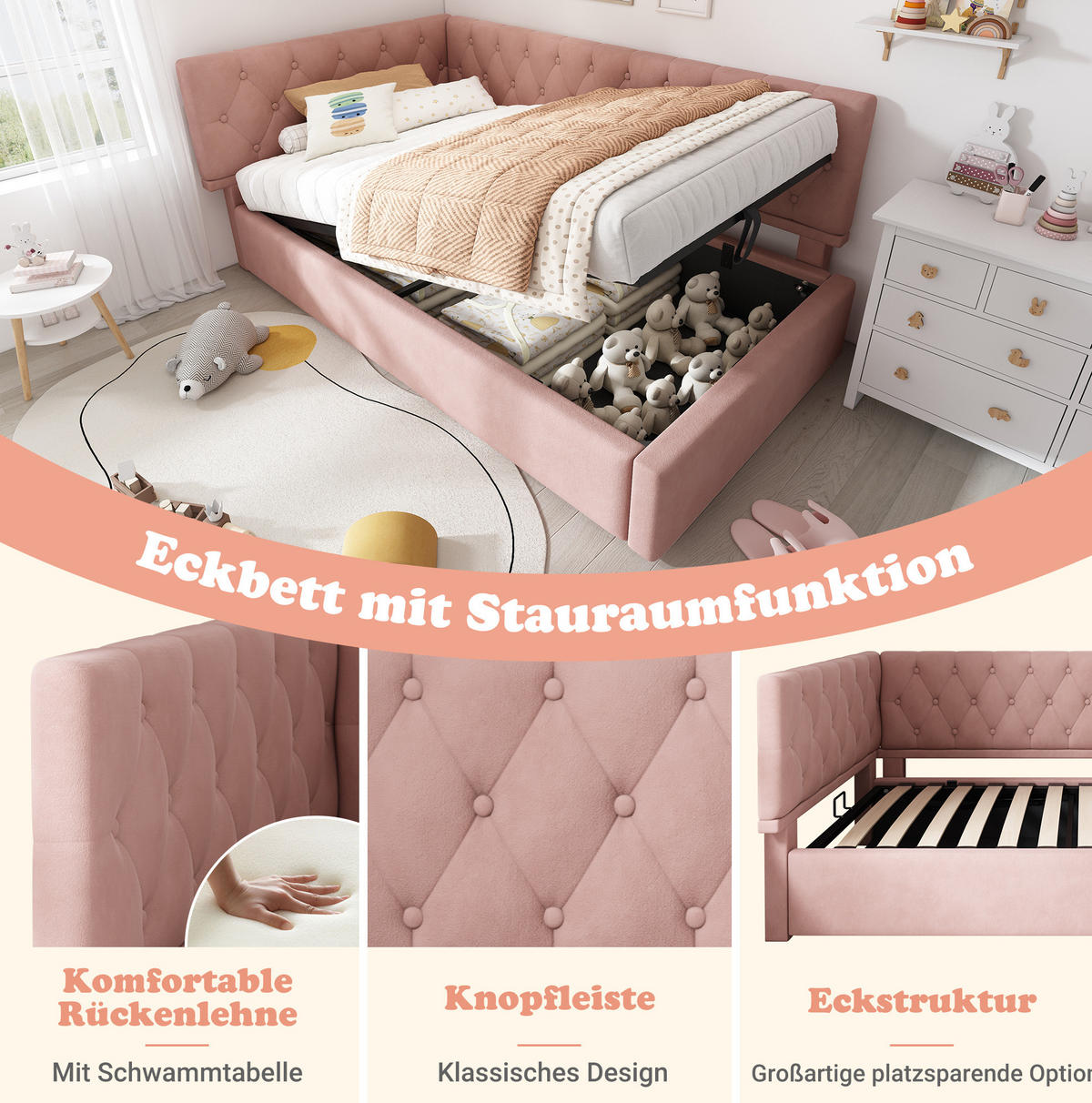 POLSTERBETT aus Samt 90x190 cm in Rosa mit hydraulischem Stauraum - Rosa, Textil (90/190cm) - Modfu