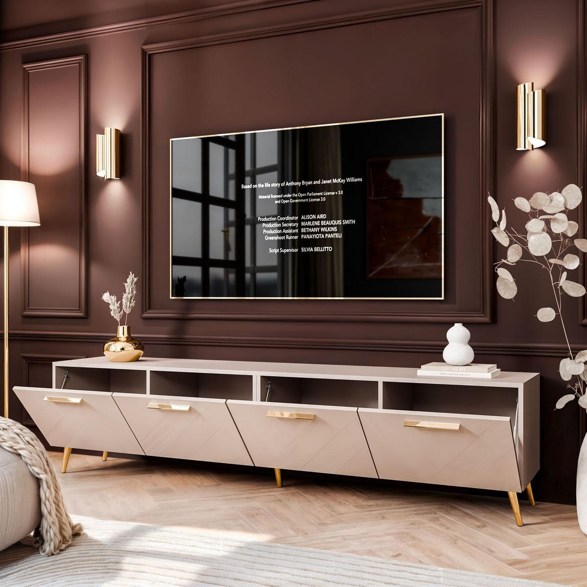 TV-ELEMENT AURA 200 KASCHMIR Hochglanz auf schrägen goldenen Beinen + LED - Kaschmir/Goldfarben, Holzwerkstoff (200/49/40cm) - Lookway