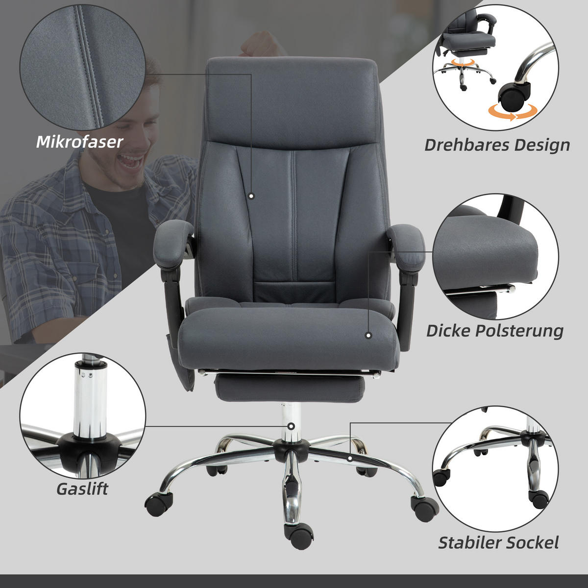 BÜROSTUHL mit Vibrationsmassage, Ergonomisch Schreibtischstuhl mit Liegefunktion - Dunkelgrau, Kunststoff (74/119/65cm) - Vinsetto