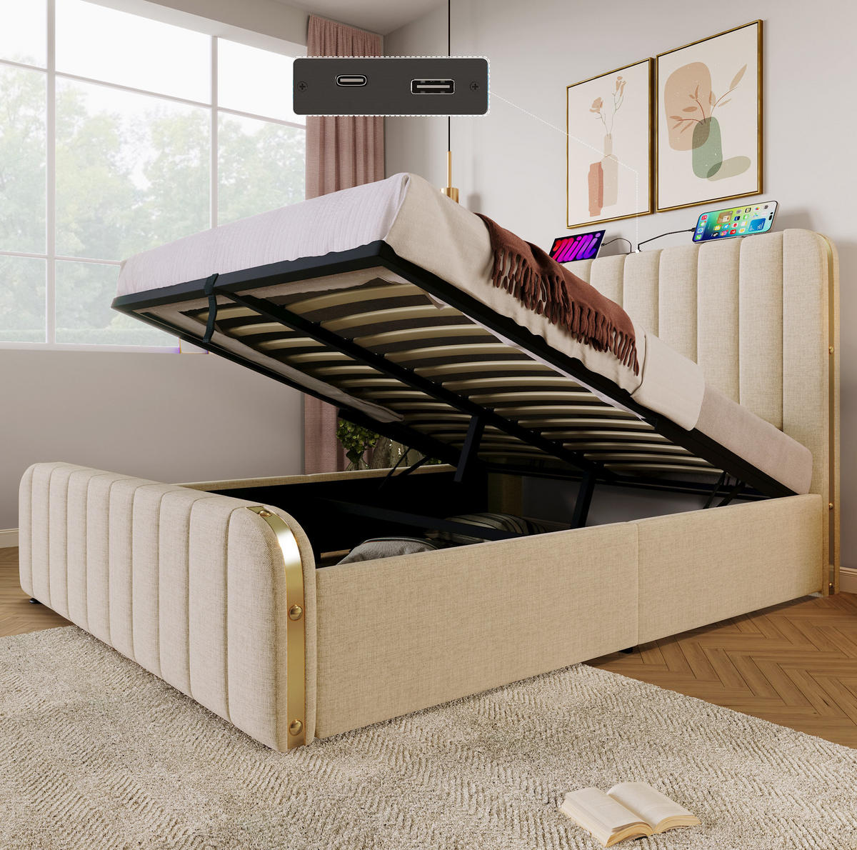 POLSTERBETT 140/200 cm mit hydraulischem Bettkasten, USB/Typ-C am Kopfteil, Beige - Beige, Textil (140/200cm) - Redom