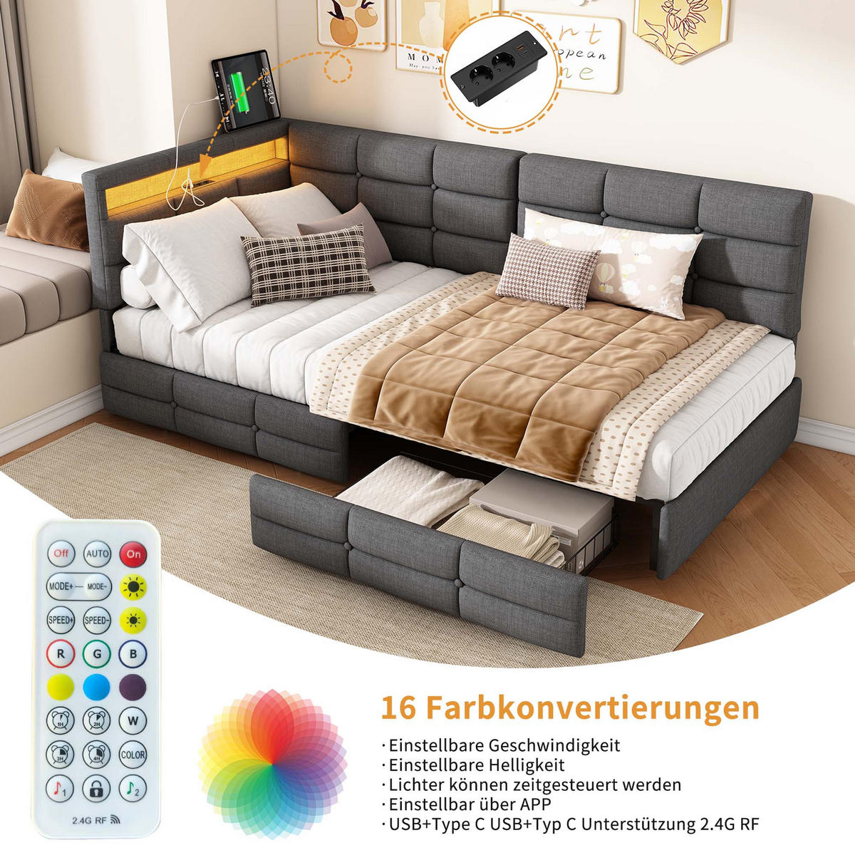 POLSTERBETT 90x200 Mit 2 Schubladen, LED & USB Typ-C, Grau - Grau, Holz (90/200cm) - EuroLiving