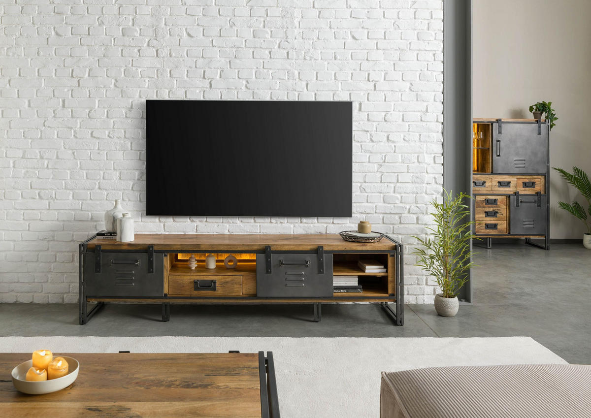 TV-BOARD Mango / Altholz 220x45x55 natur / grau lackiert / Metall grau BLACKBURN LUX #412 - Naturfarben, Holz (220/55/45cm) - Massivmoebel24