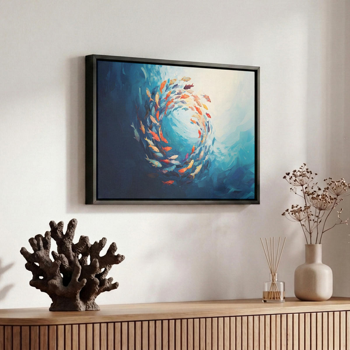 LEINWAND Bilder mit Rahmen - Meer - Fische - Bunt - Dynamisch - 30x20 - Hellblau, Textil (30/20cm) - MuchoWow