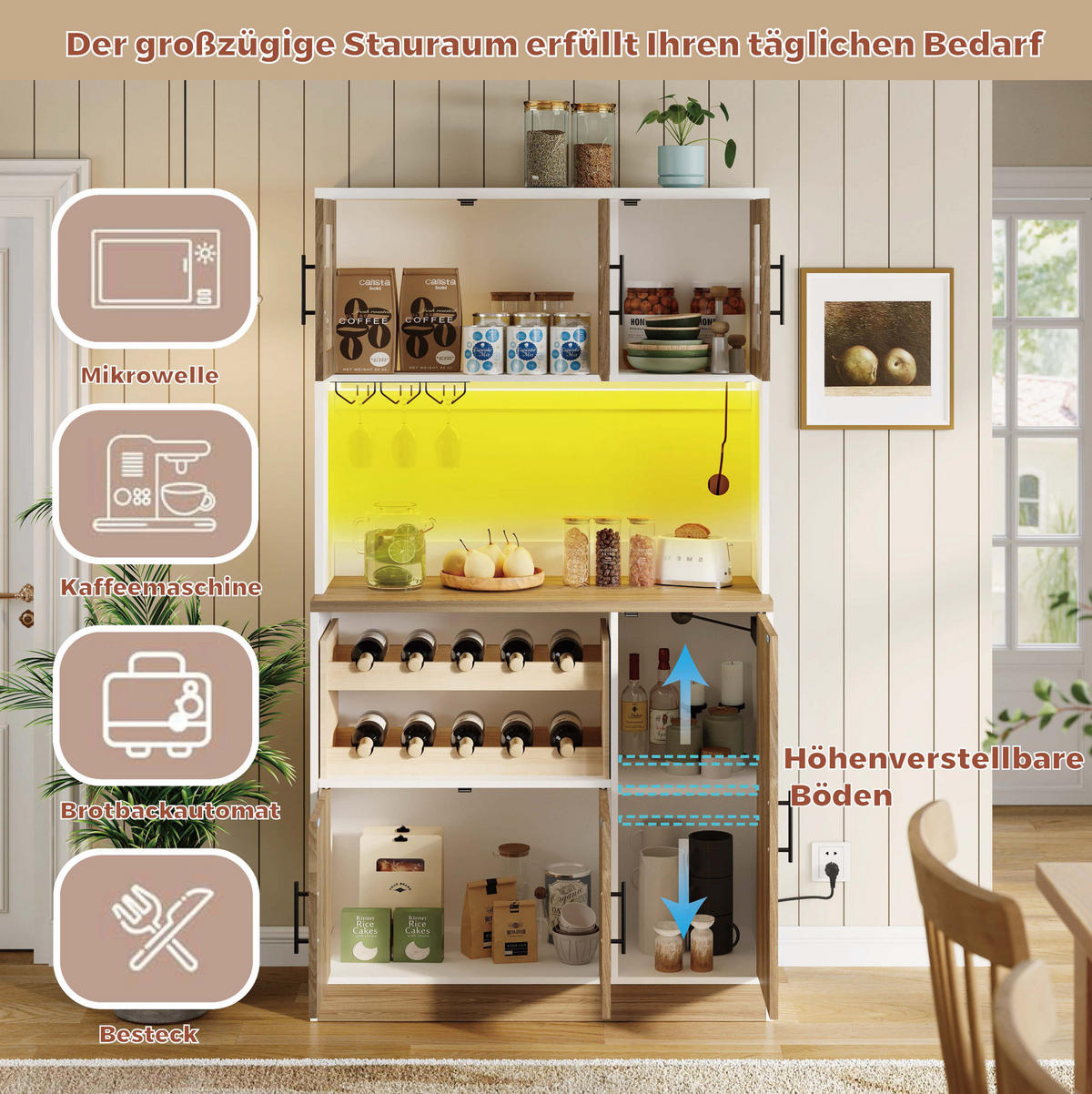 BUFFET 100/40/180 cm weiß/eichefarben aus MDF mit LED - Weiß, Holzwerkstoff (100/180/40cm) - OKWISH